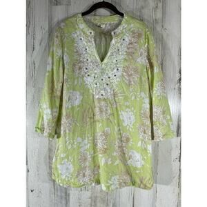 Charter Club Luxury Linen Chartreuse Floral Tunic Size Medium Embroidered Beaded